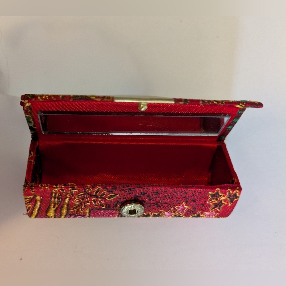 Lipstick Case Red Brocade with Floral Embroidery Vintage